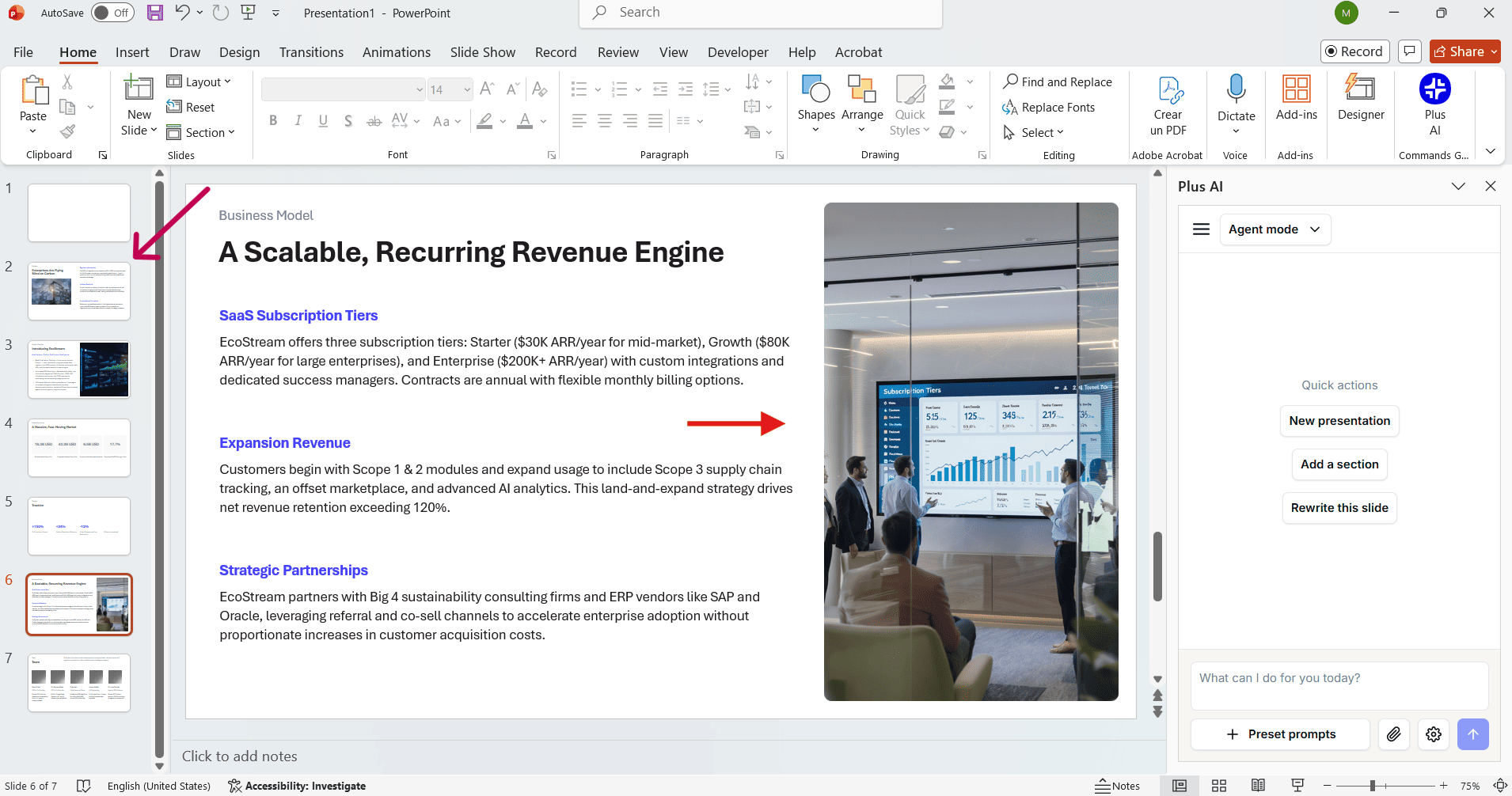 Screenshot showing a poor quality AI-generated image inside PowerPoint by Plus AI, featuring a visual glitch of three identical men in the same room.