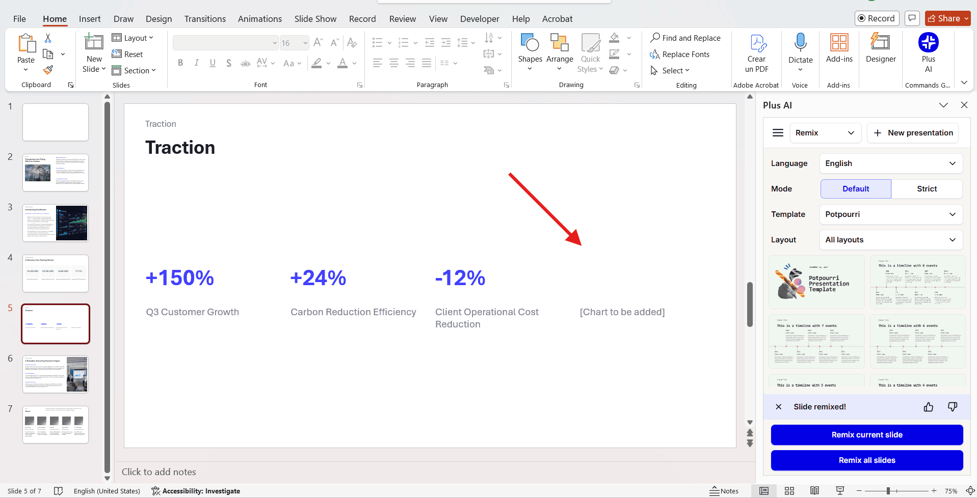 Screenshot of a Plus AI-generated PowerPoint slide missing a data chart, leaving an empty placeholder space on a timeline.