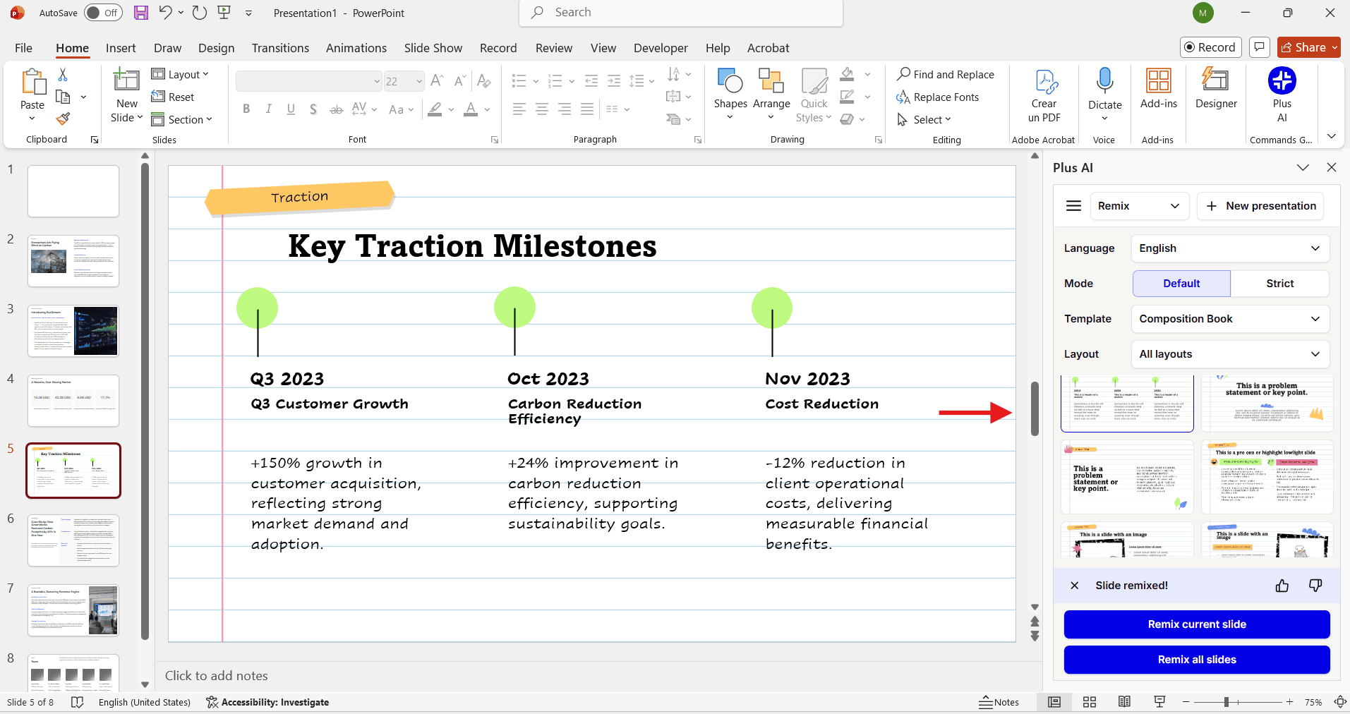 Screenshot of the Plus AI add-on inside Microsoft PowerPoint, showing the Remix sidebar used to change a slide into a timeline layout.