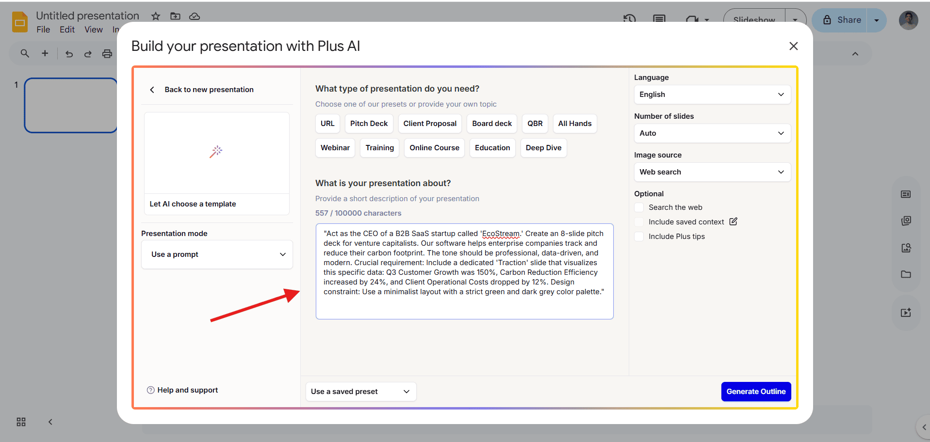 Plus AI prompt setup interface inside Google Slides showing presentation type options, slide settings, and a detailed benchmark prompt for generating an EcoStream startup pitch deck.