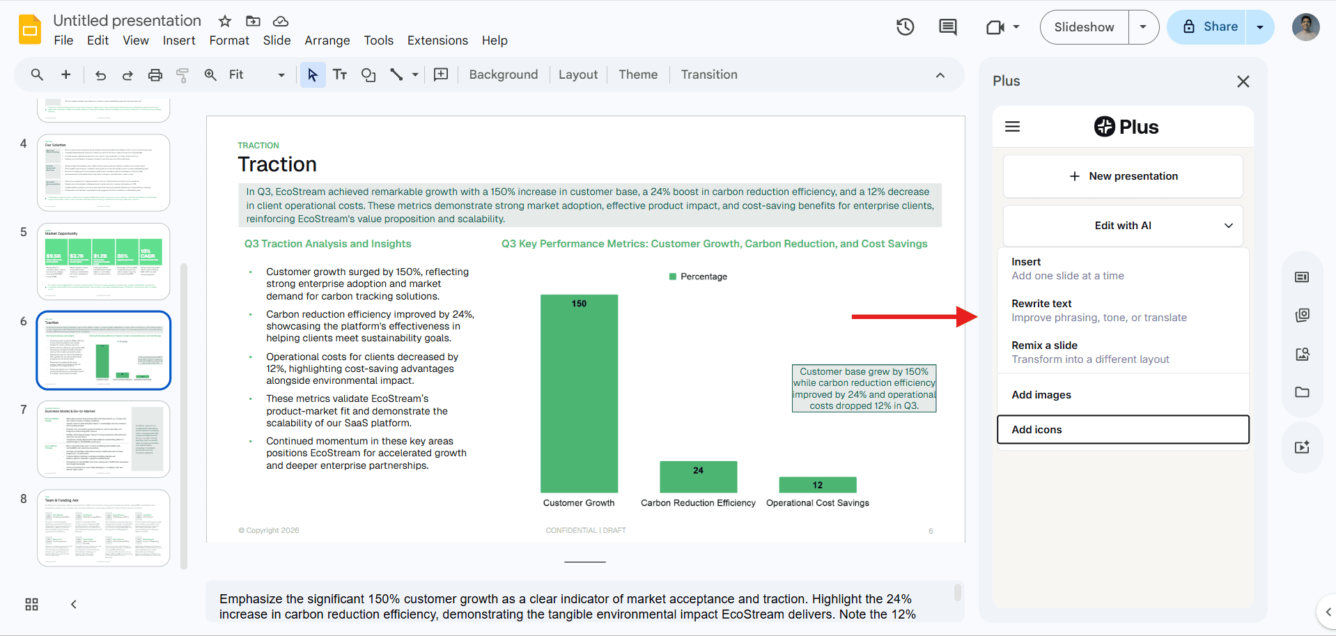 Raw output from Plus AI inside Google Slides showing an generated bar chart.