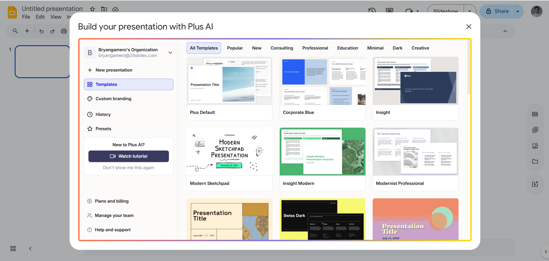 Plus AI template gallery inside Google Slides displaying multiple presentation themes and layouts for generating AI-powered slide decks