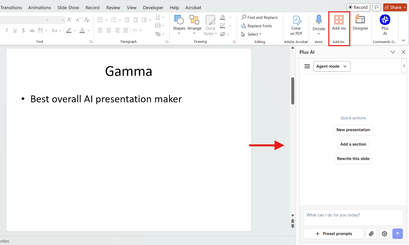 Microsoft PowerPoint interface with the Add-ins button highlighted and an arrow pointing to the Plus AI extension sidebar.
