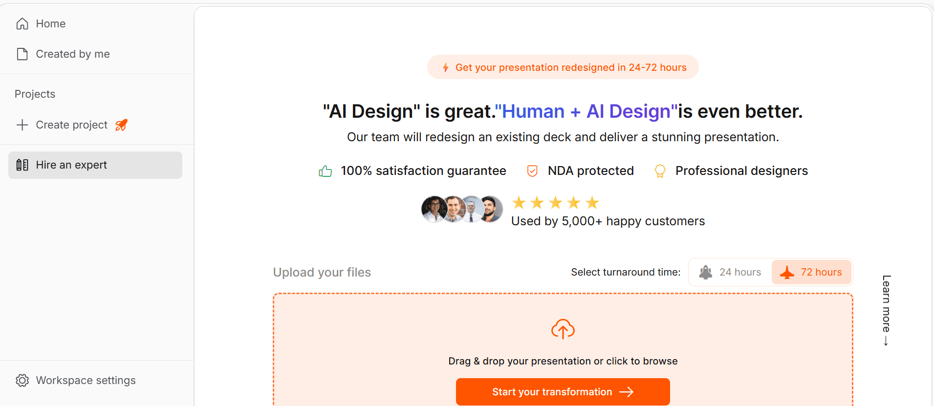 Screenshot inside the Presentations.ai dashboard showing a 'Hire an expert' design service with the headline 'Human + AI Design is even better.'