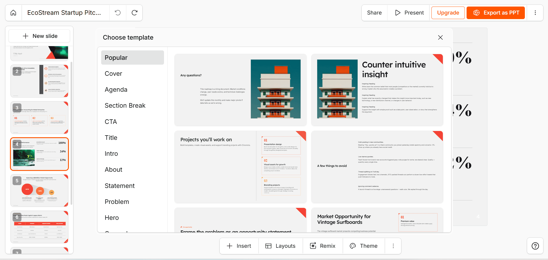 Screenshot of the Presentations.ai 'Choose template' menu, showing pre-designed slide layouts used to insert new content.
