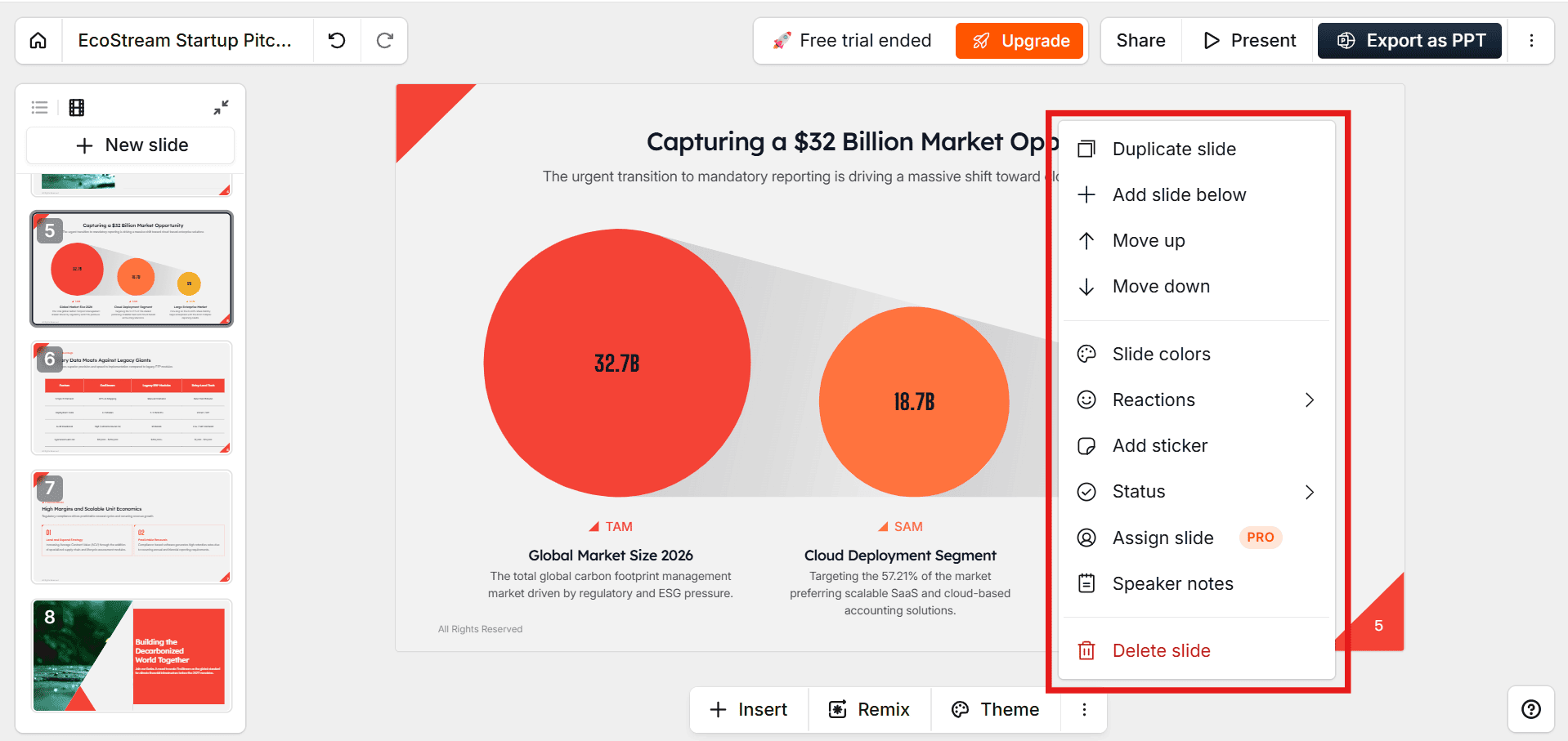 Screenshot of the Presentations.ai slide options menu, highlighting unique collaboration features like slide statuses, reactions, and sticker integrations alongside an EcoStream bubble chart