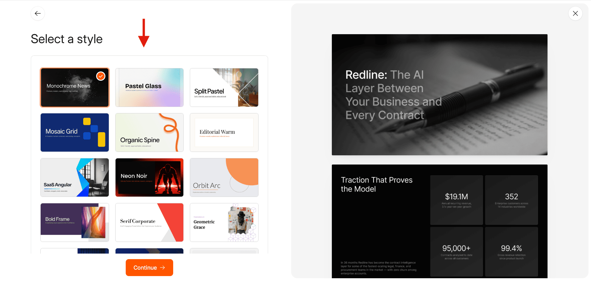 Screenshot of the Presentations.ai setup screen showing a limited selection of 15 pre-set design templates to choose from before generating slides.