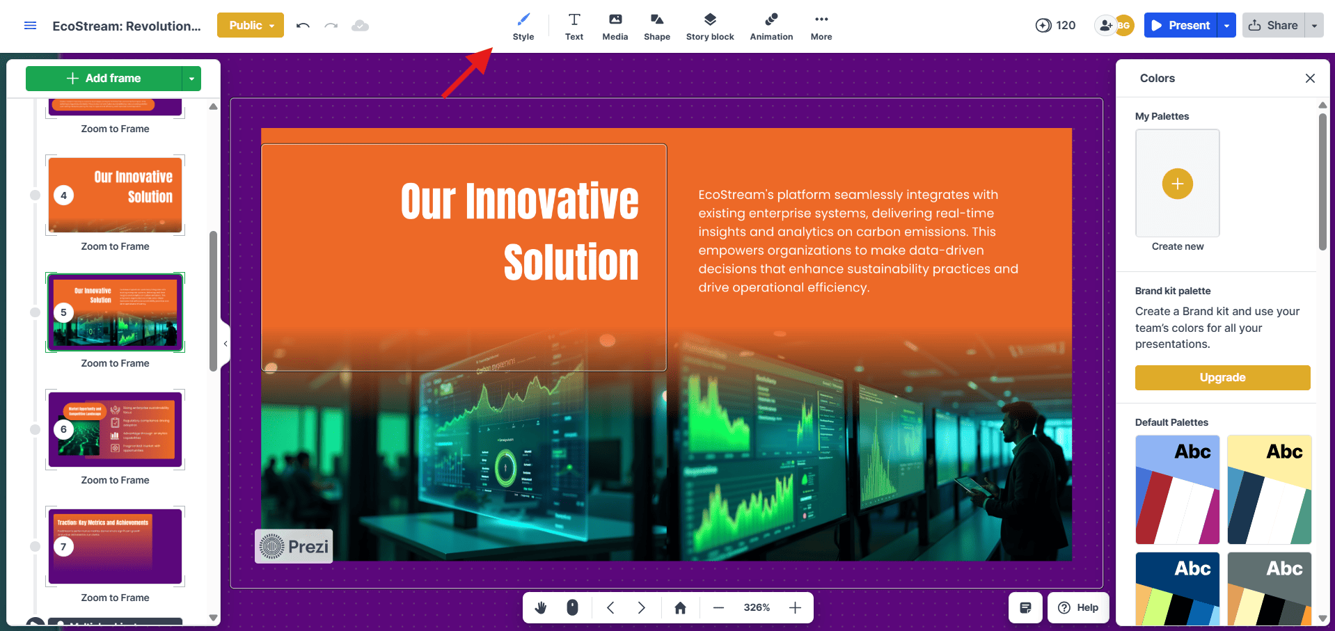 Screenshot of the Prezi presentation editor highlighting the Style menu and the right-side Colors sidebar for easy palette swapping.