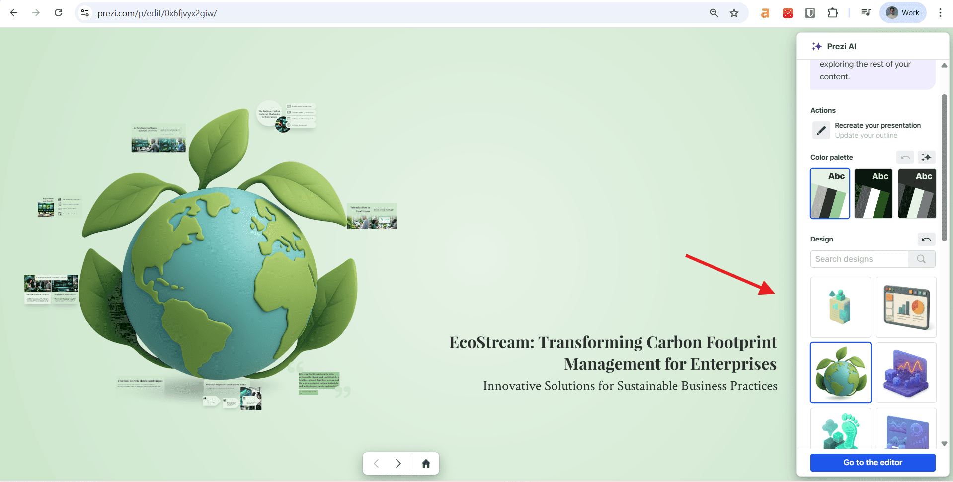 Screenshot of the Prezi AI presentation editor highlighting the Design panel, where users can select different 3D visual anchors for their zooming canvas.