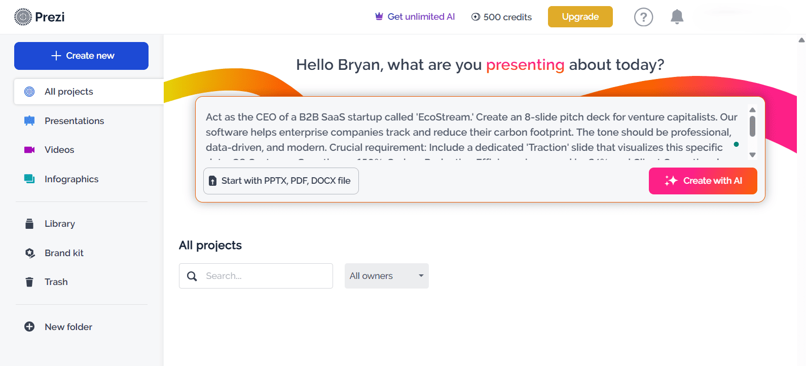 Screenshot of the Prezi AI presentation dashboard showing the EcoStream benchmark prompt ready to generate in the main text box.