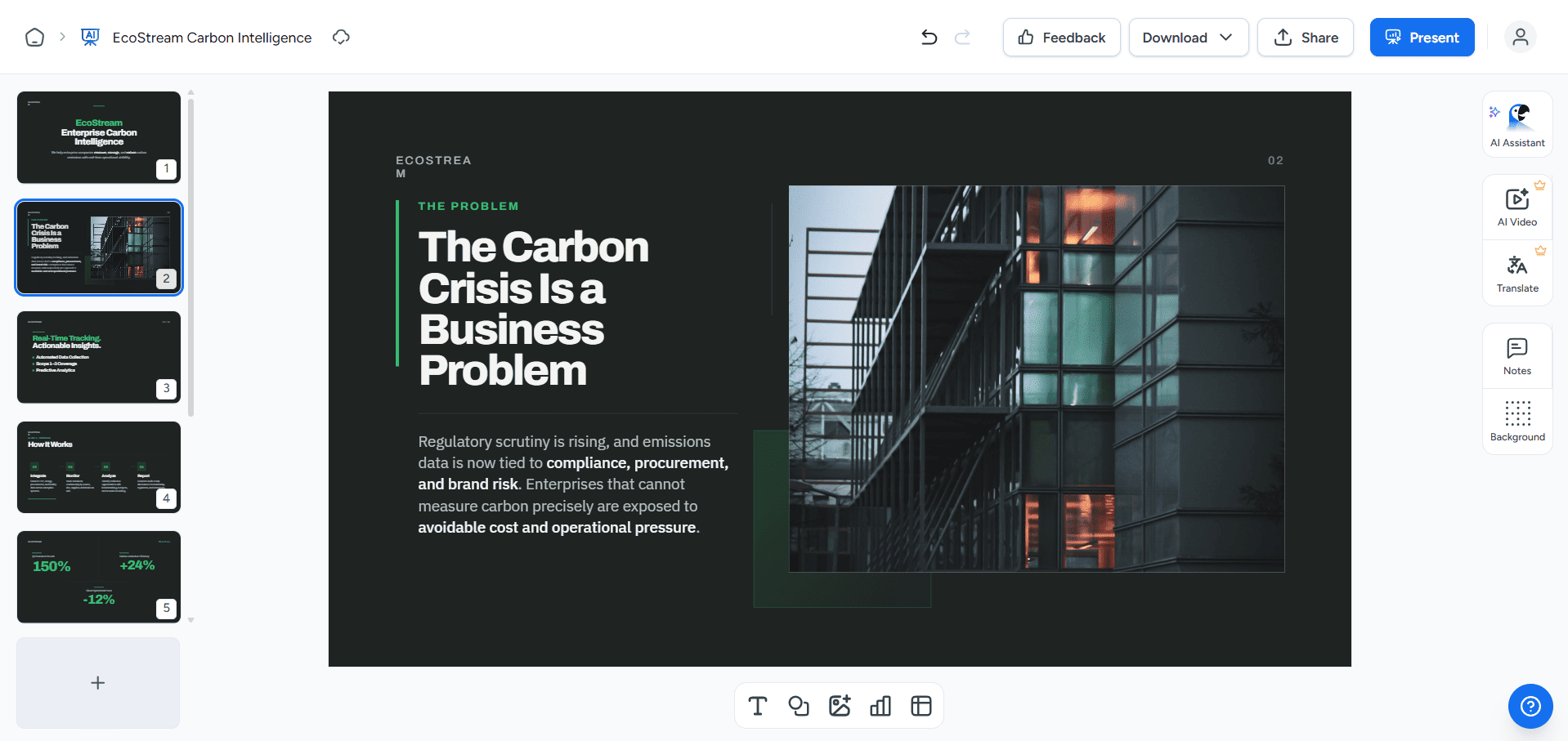 Raw output from SlideSpeak showing the EcoStream pitch deck, successfully applying a dark grey and green color palette.