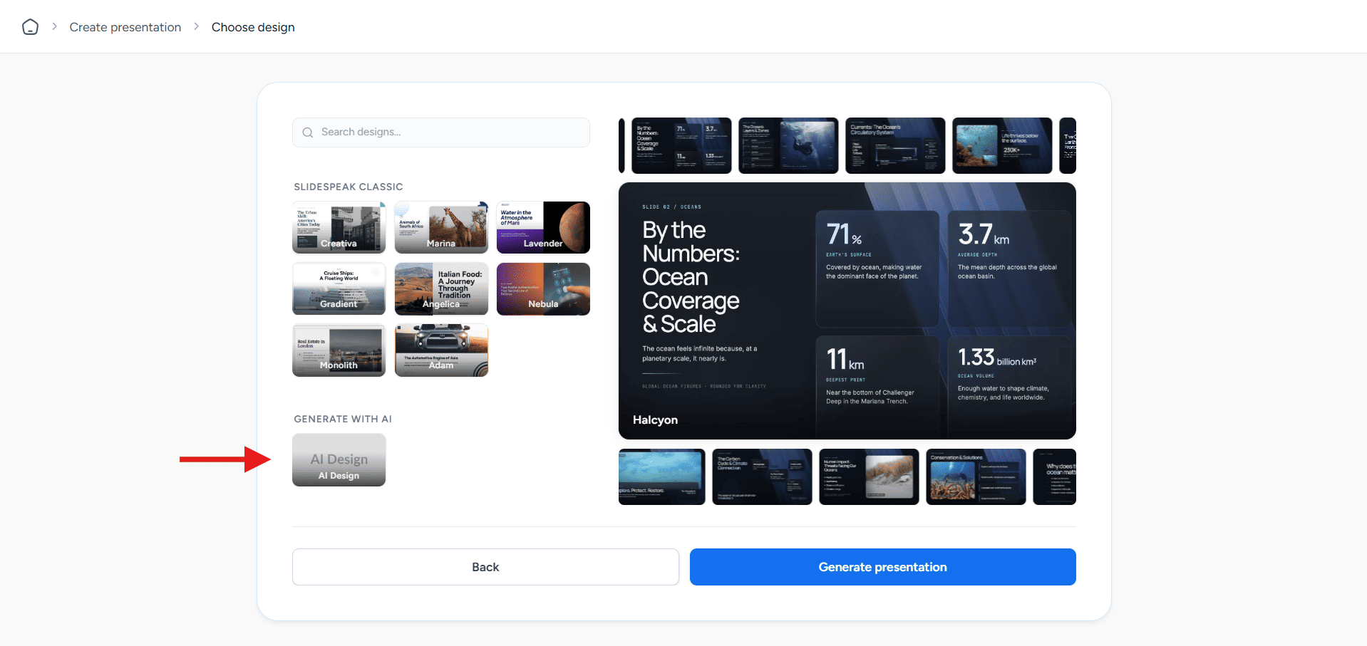 Screenshot of the SlideSpeak creation dashboard showing the sleek, modern themes available for the generative AI presentation engine.