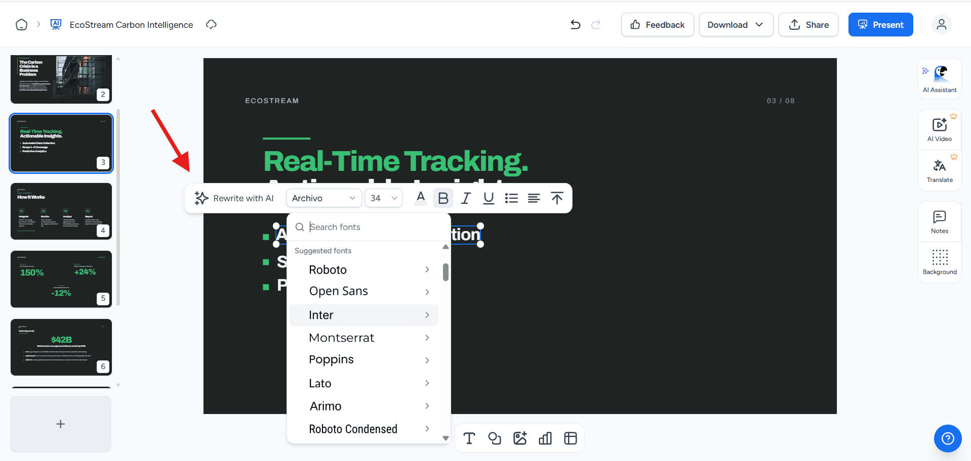 Screenshot of the SlideSpeak manual editor highlighting the ability to change fonts locally on specific text boxes rather than forcing a global theme change.