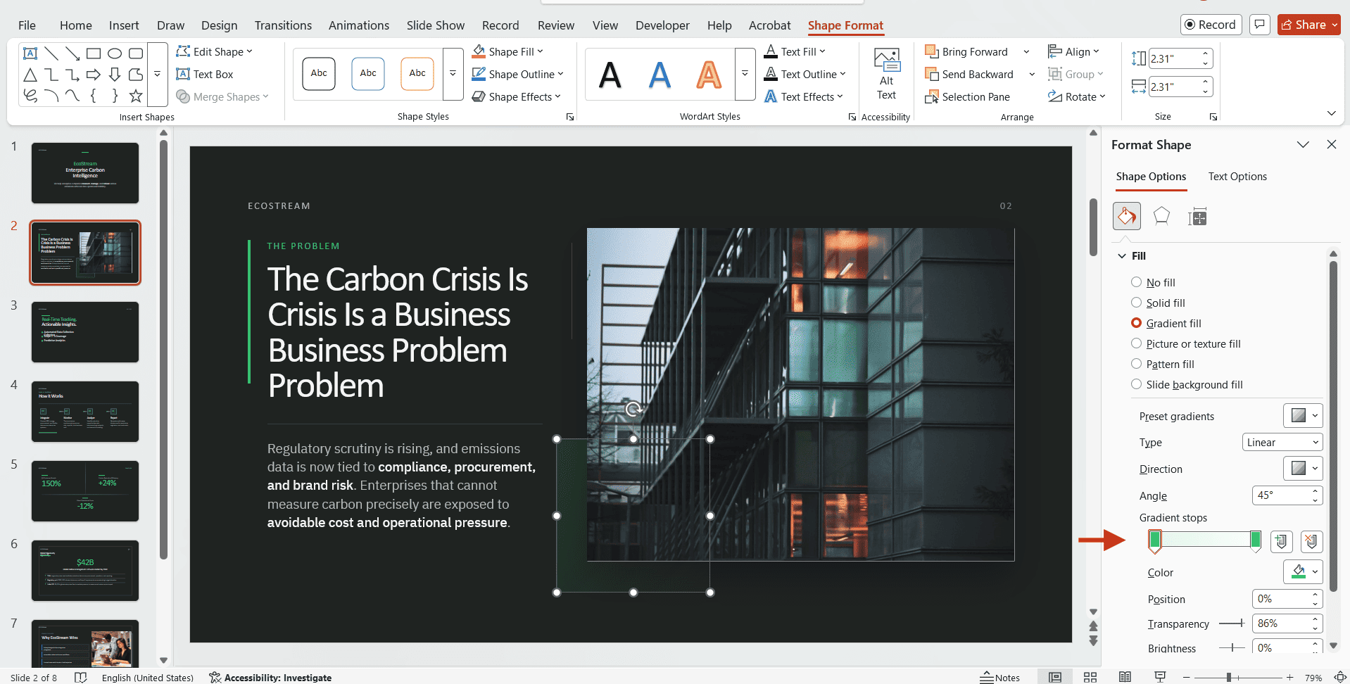 Screenshot of a SlideSpeak presentation exported into Microsoft PowerPoint, demonstrating that individual shapes remain fully editable vectors, allowing users to adjust gradient fills natively.