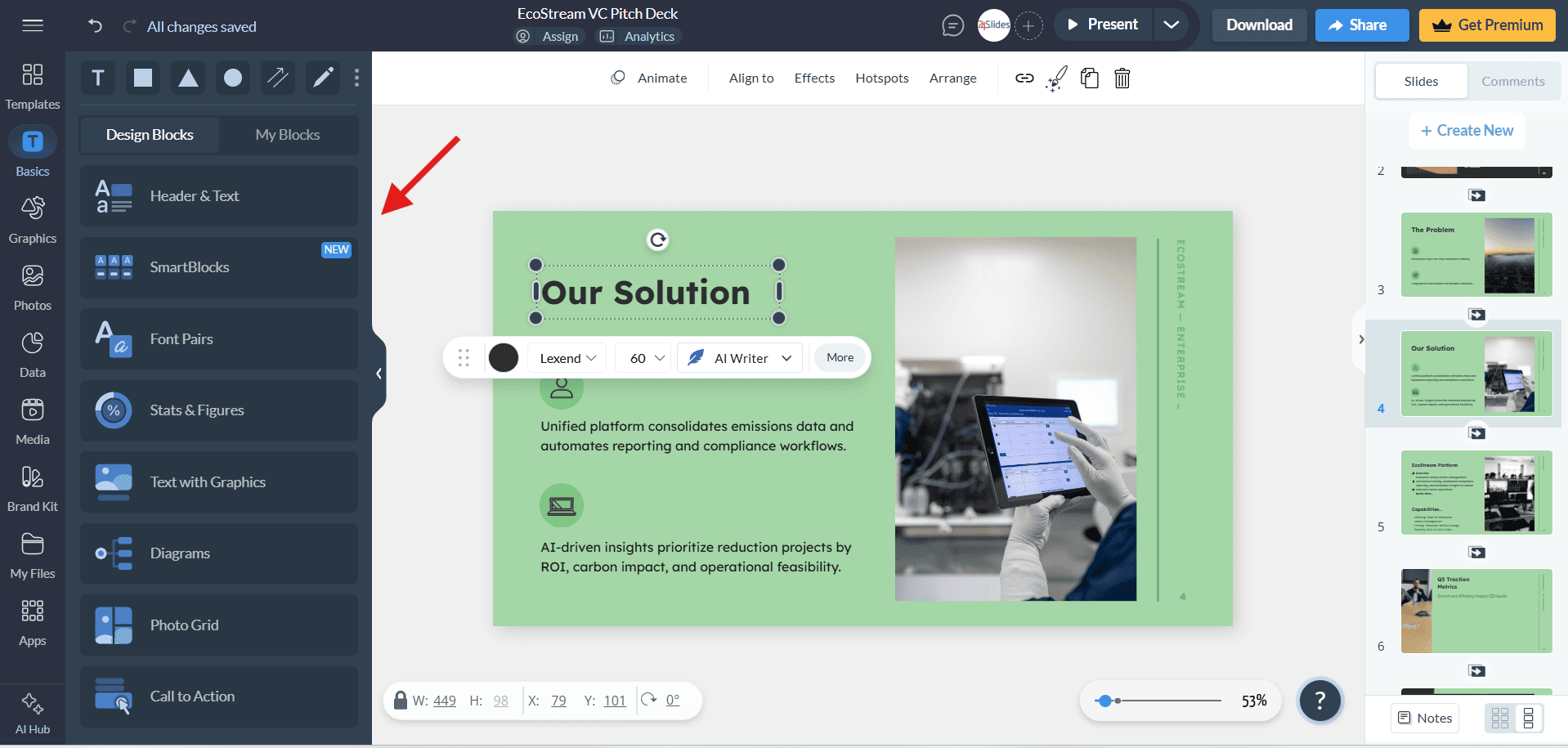 Screenshot of the Visme presentation editor, with a red arrow highlighting the extensive manual Design Blocks sidebar used to customize and fix AI-generated slides.