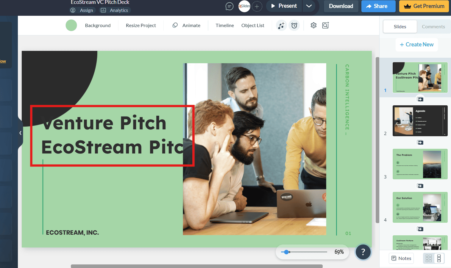 Screenshot of the Visme presentation editor showing a red box around a formatting error where the AI generated dark, overlapping text that clashes with the slide background.