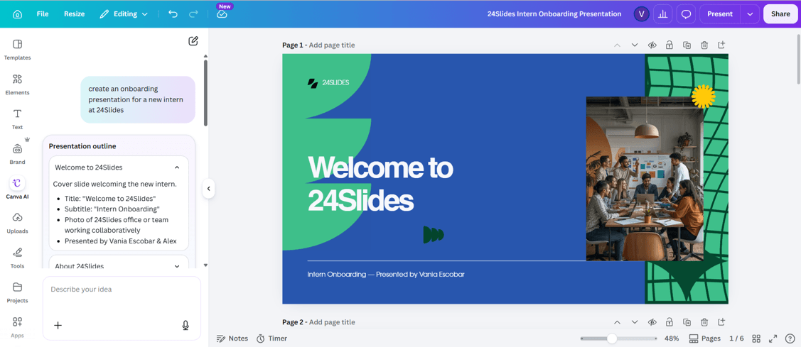 onboarding presentation in Canva