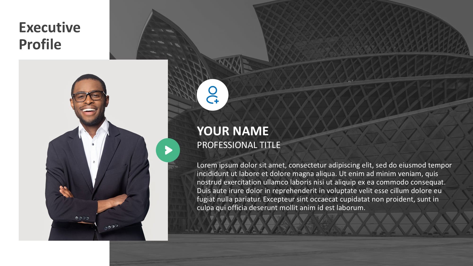 Executive profile cover slide with professional portrait, name, title, and introduction text.