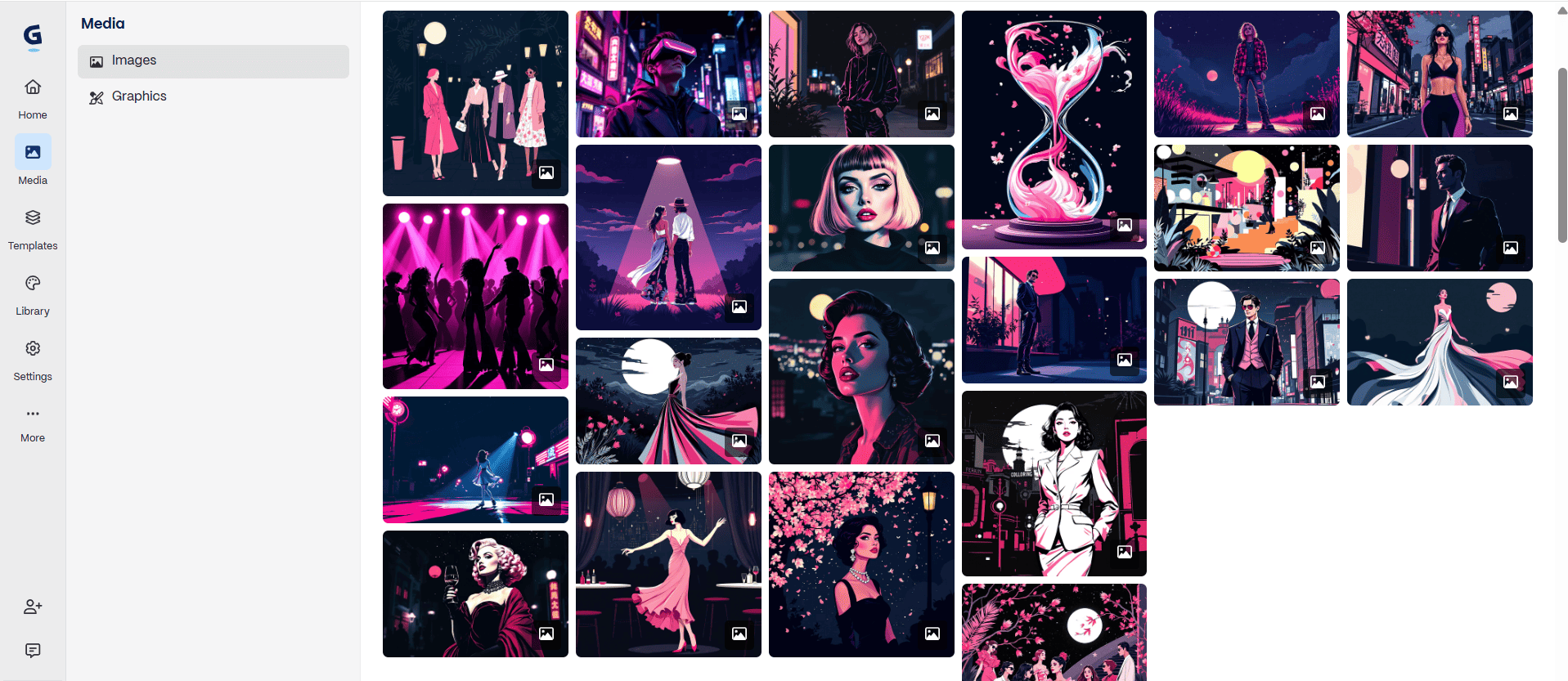 A grid layout in the Gamma AI media library displaying a gallery of stylized, high-contrast digital illustrations and portraits generated using basic AI models, featuring diverse characters, neon lighting, and dramatic nighttime backgrounds.