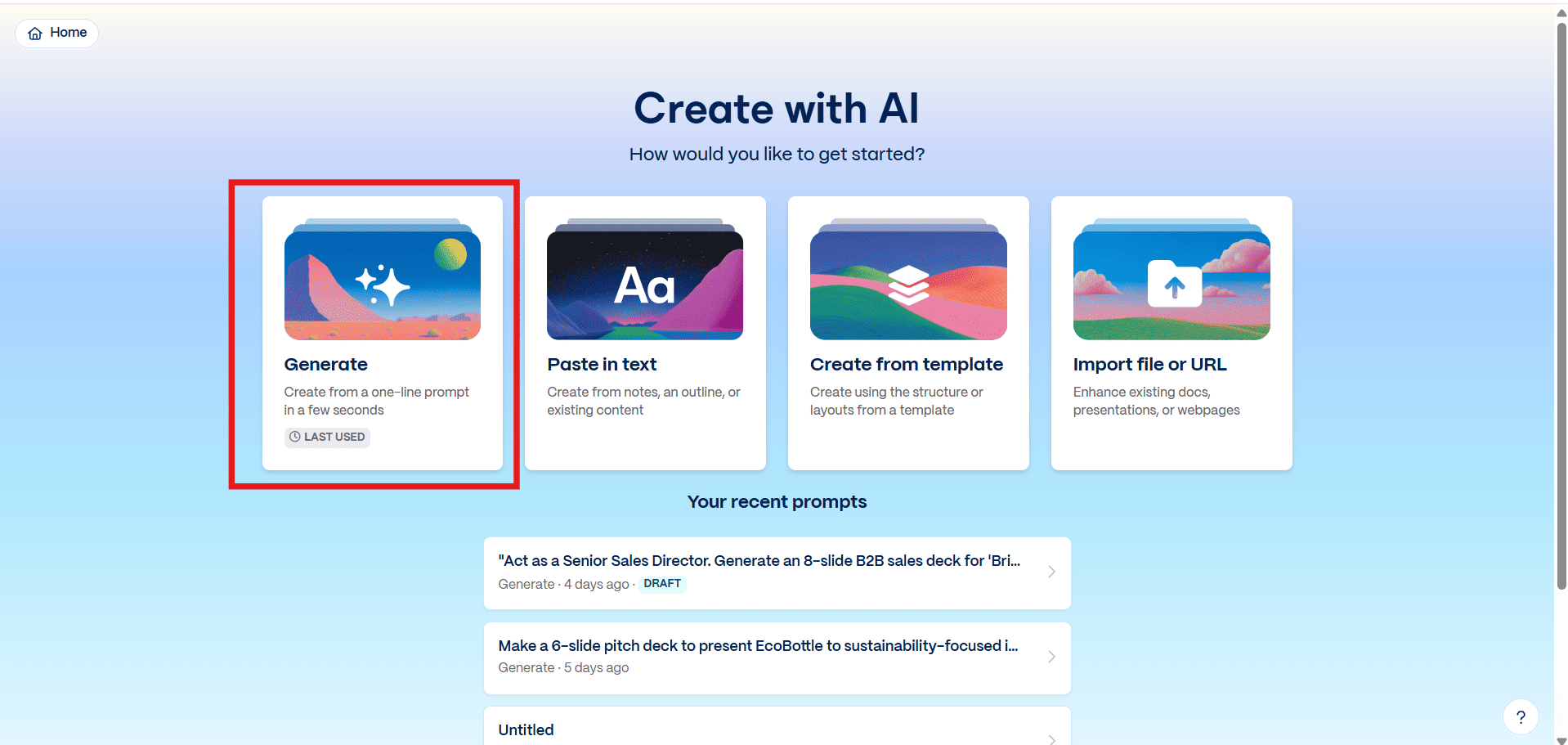 Gamma AI start screen showing the "Create with AI" interface, with the Generate option selected to create a presentation from a single prompt.
