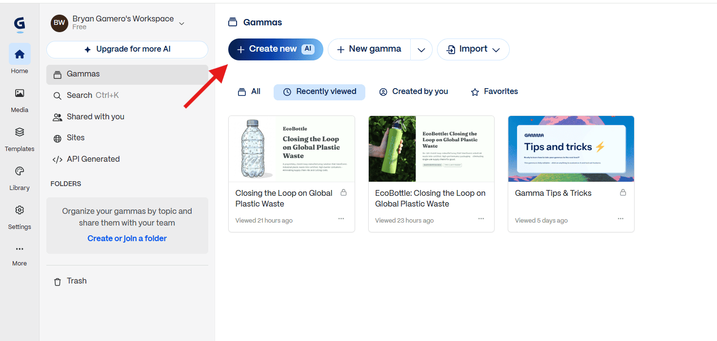 The Gamma AI user dashboard main page showing a red arrow pointing directly to the blue Create new AI button at the top left next to a grid of recent presentation drafts.