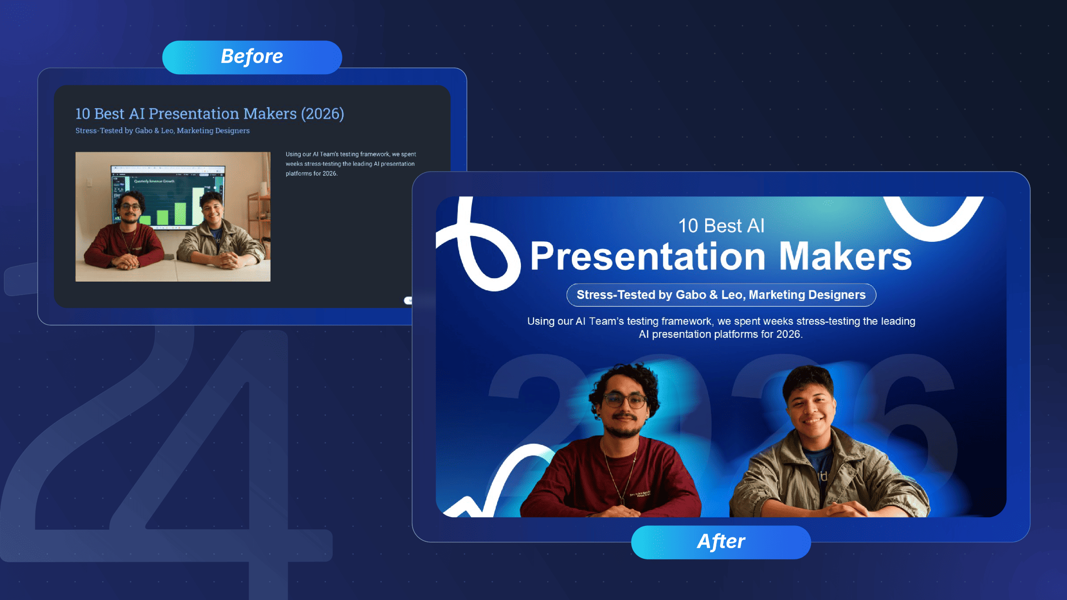Before and after comparison showing a basic Gamma AI slide on the left, and a vibrant, professionally redesigned 24Slides cover slide on the right.