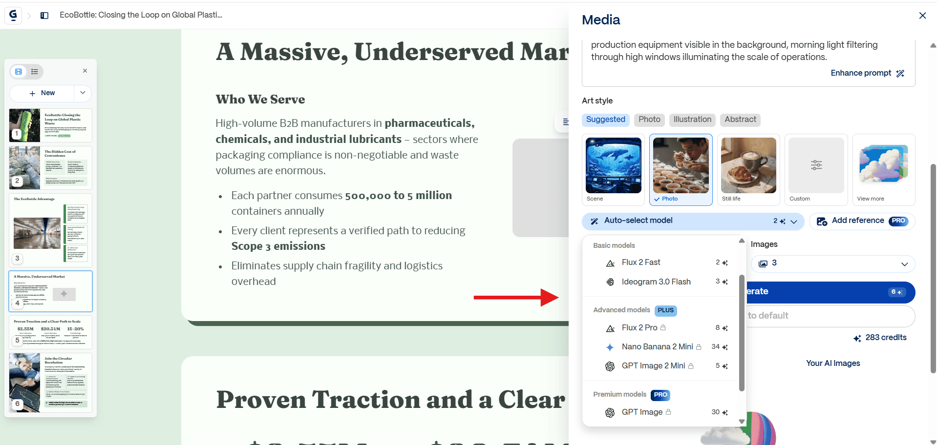 Gamma AI interface showing advanced AI image generation options with a dropdown menu displaying basic, advanced, and premium models like Flux 2 Fast, Ideogram, and Flux 2 Pro next to a presentation slide layout.
