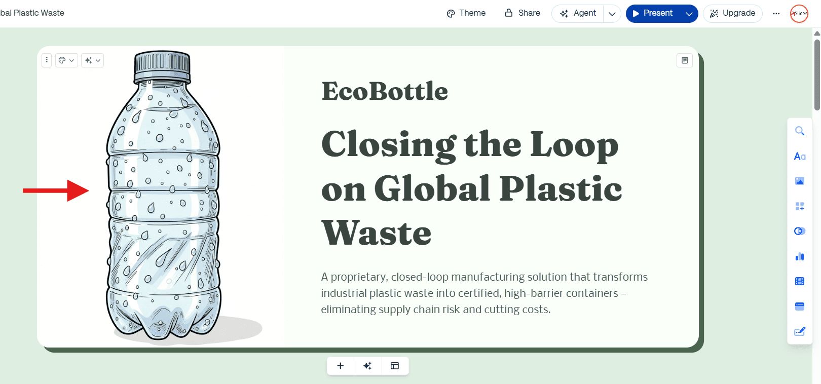 An unedited 6-slide EcoBottle pitch deck generated by Gamma AI in 2026, showing a cartoonish design style and a missing image placeholder on slide four.