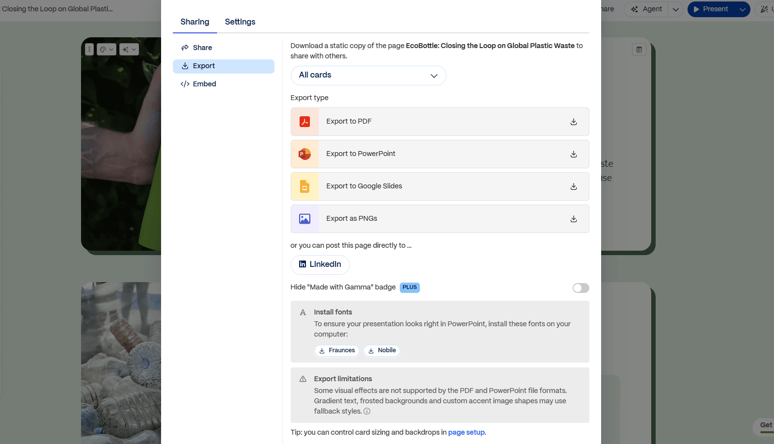 The Gamma AI sharing and export settings menu overlay displaying format options including Export to PDF, Export to PowerPoint, Export to Google Slides, Export as PNGs, and a direct post option for LinkedIn.