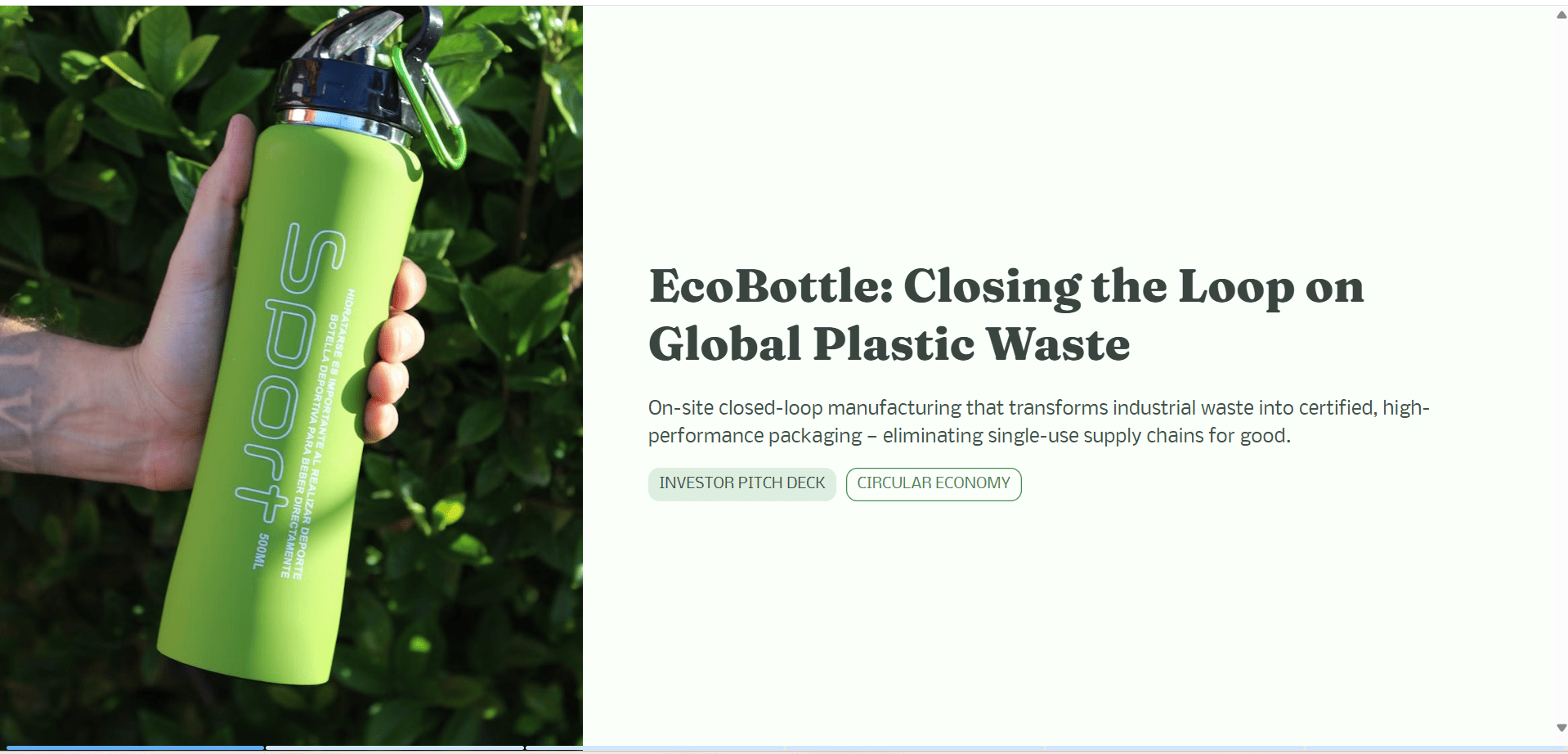 Gamma presentation cover slide showing a sustainability-focused pitch deck titled "EcoBottle: Closing the Loop on Global Plastic Waste," featuring a green reusable bottle image alongside the presentation title and subtitle.