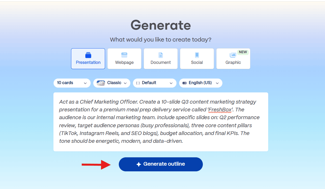 Gamma AI presentation generator displaying a detailed prompt and the "Generate outline" button used to create a presentation structure automatically.