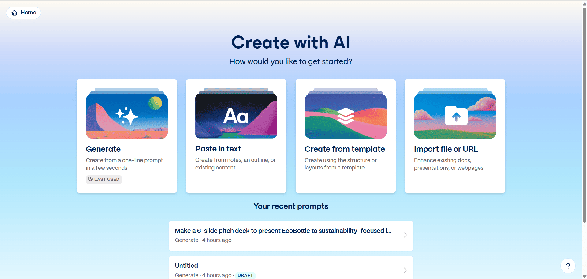 The Gamma App dashboard showing four options to create a presentation: Generate, Paste in text, Create from template, and Import file or URL.