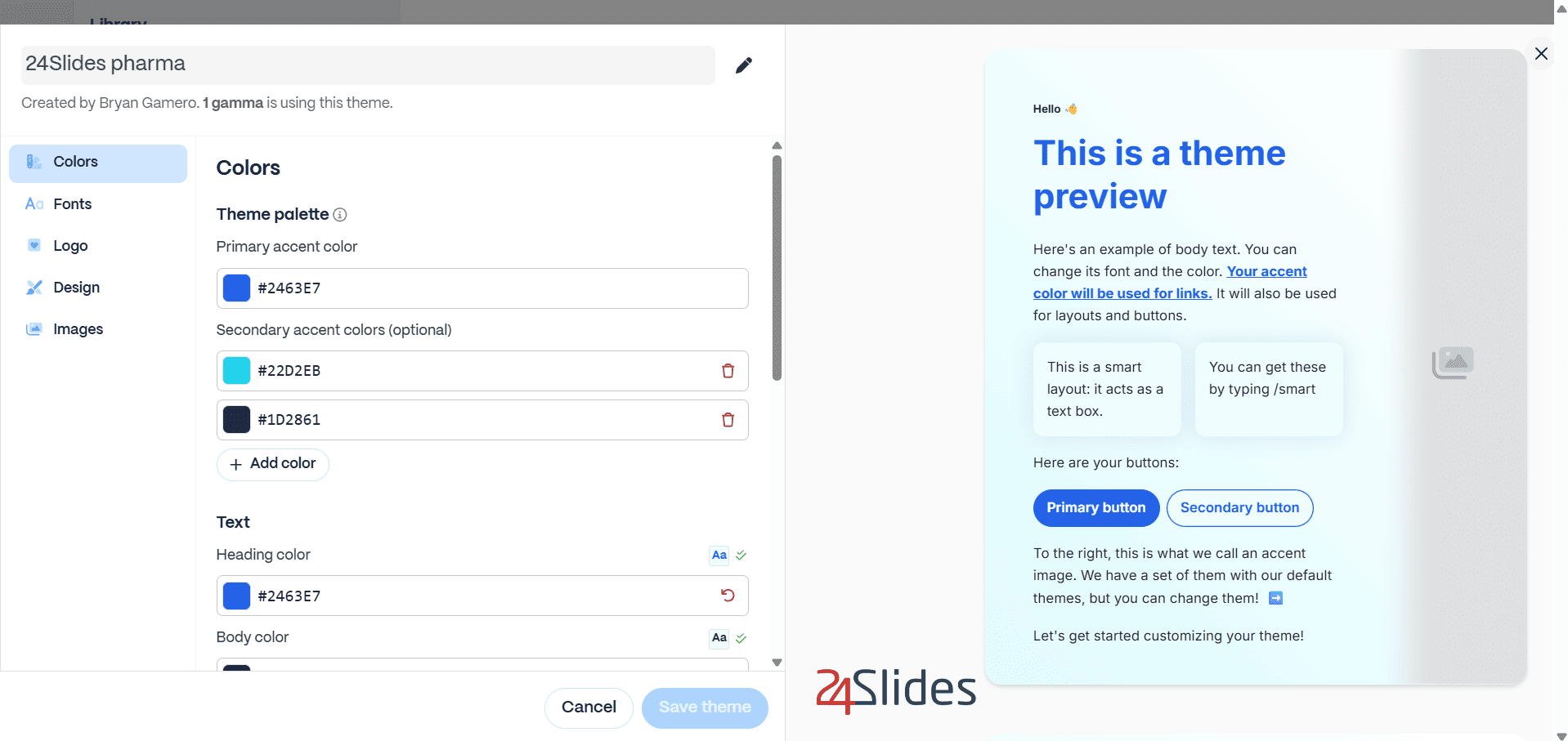 Gamma app theme editor showing the input of custom corporate hex codes for 24Slides.