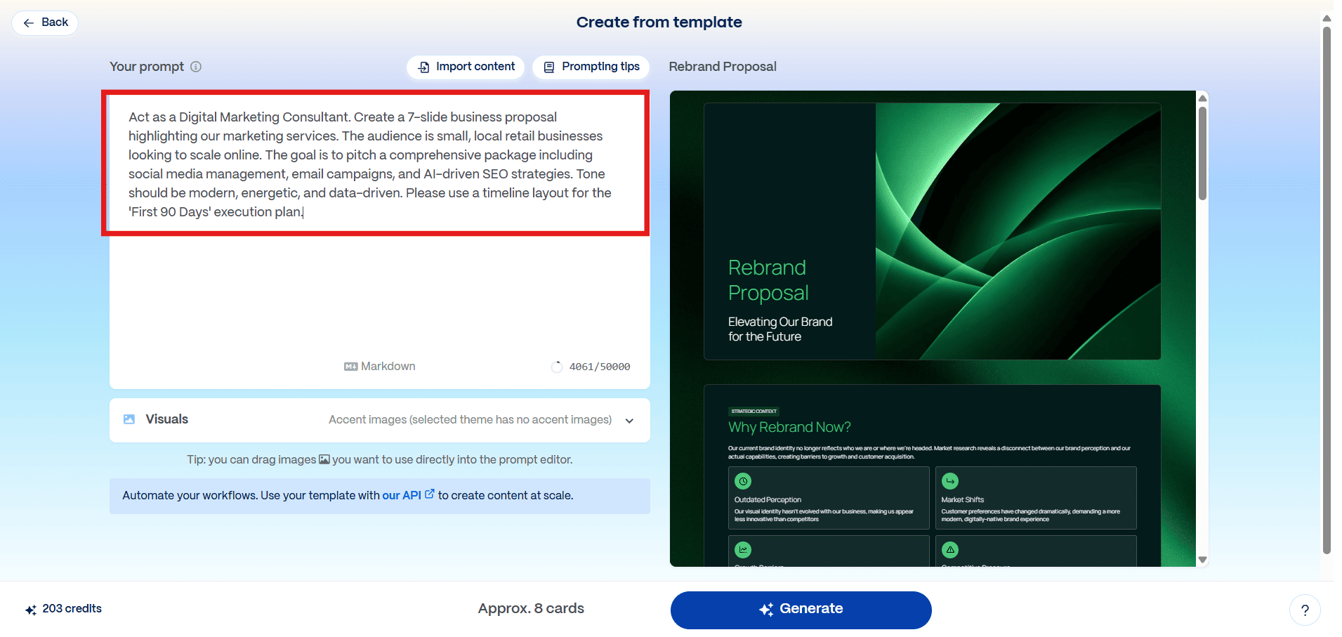 Gamma App interface showing the "Create from template" mode, using a digital marketing prompt to fill a pre-designed green workspace template.