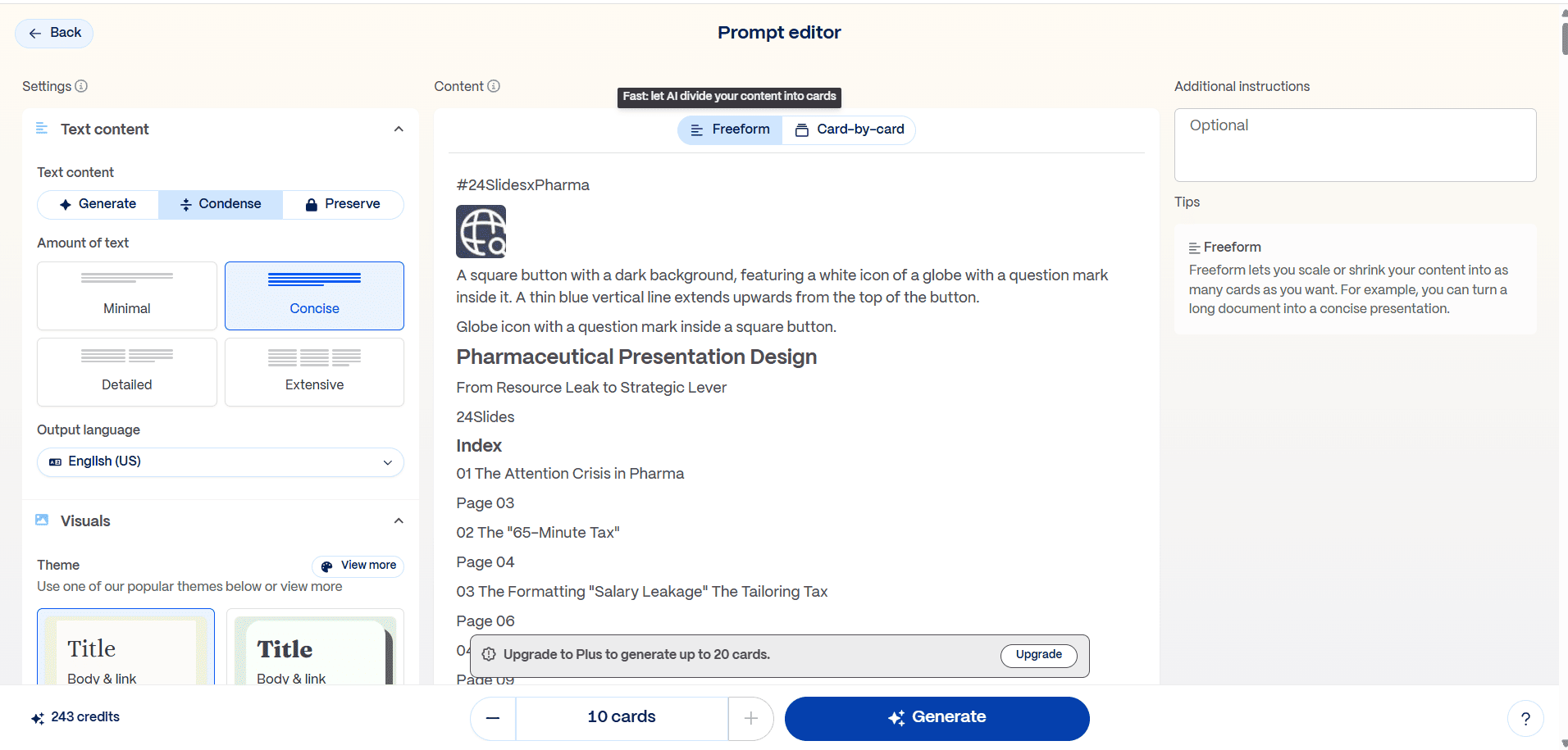 Gamma prompt editor showing the extracted text from a Pharma PDF, with the "Freeform" layout option selected.