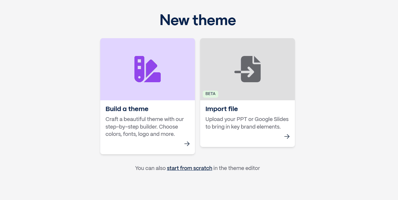 Screenshot of Gamma's theme creation screen showing options to build a custom theme from scratch or import branding elements from a PowerPoint or Google Slides file.