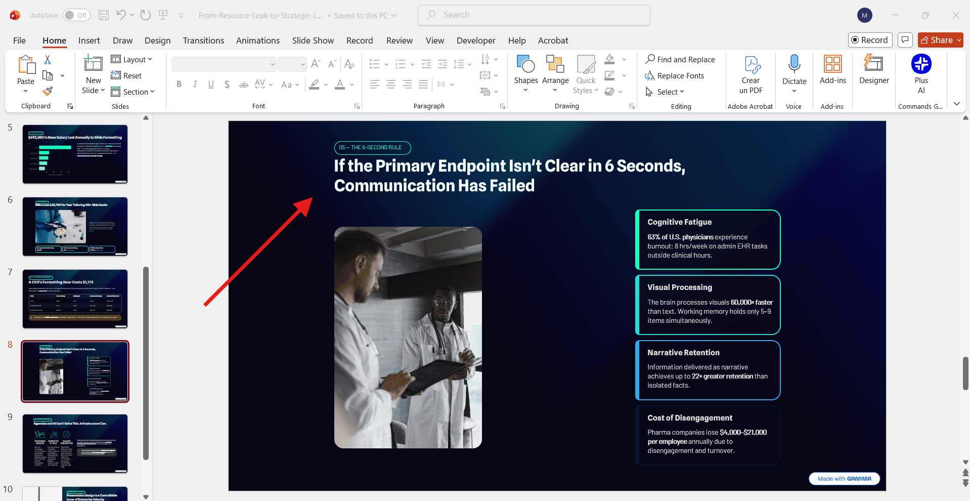 Microsoft PowerPoint interface showing a badly aligned Gamma export with wasted space and an awkwardly tall layout.