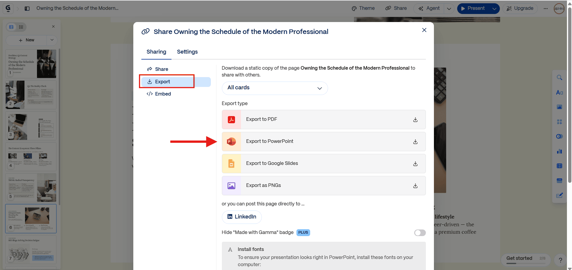 Gamma presentation export menu showing options to export a presentation as PowerPoint, PDF, Google Slides, or PNG files.