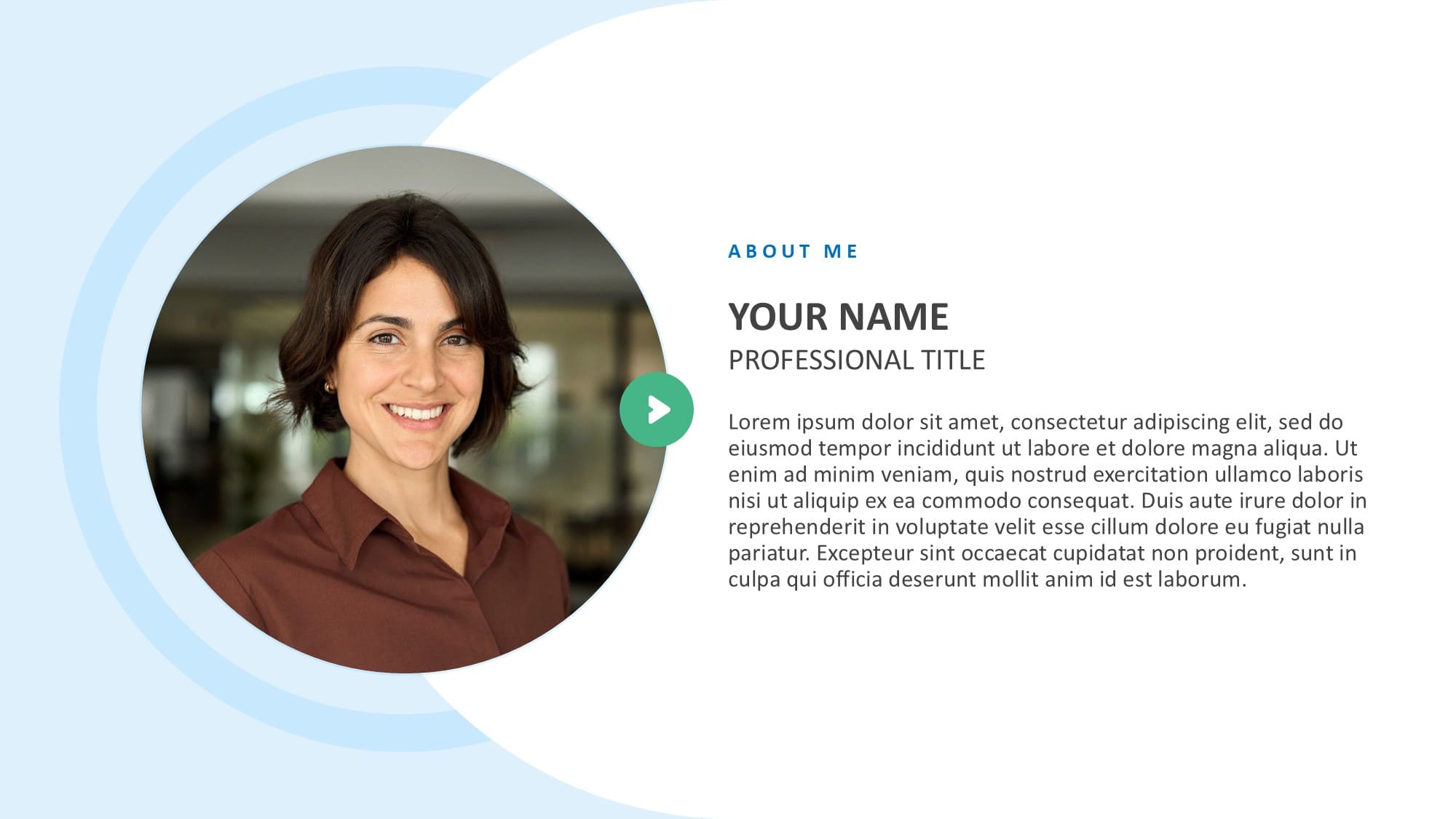 A clean, corporate About Me slide from the job interview self-introduction PowerPoint template, featuring a circular profile photo, professional title, and summary layout.