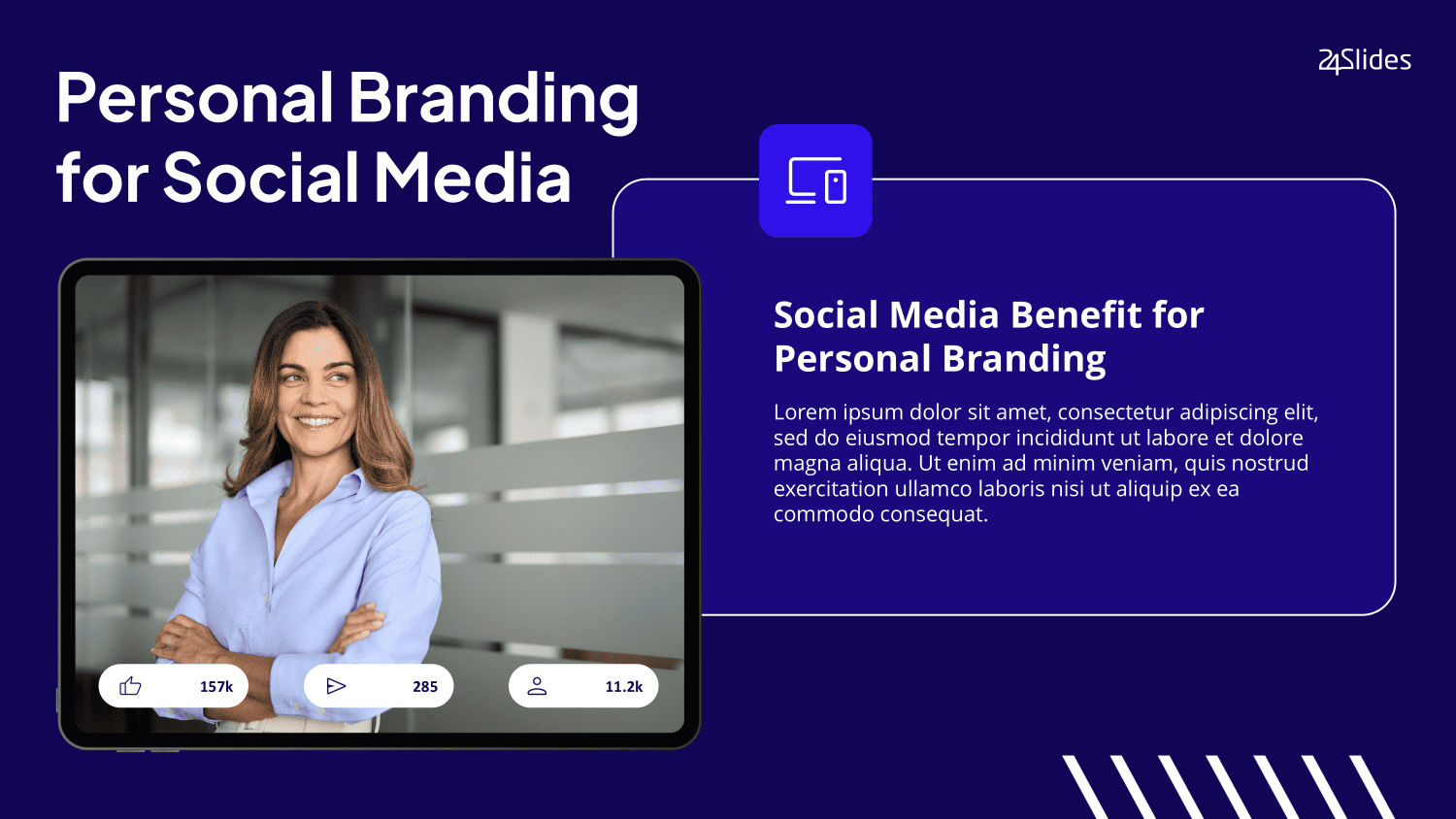 A dark blue personal branding presentation template featuring a modern tablet mockup and social media metrics for a professional about myself PPT template.