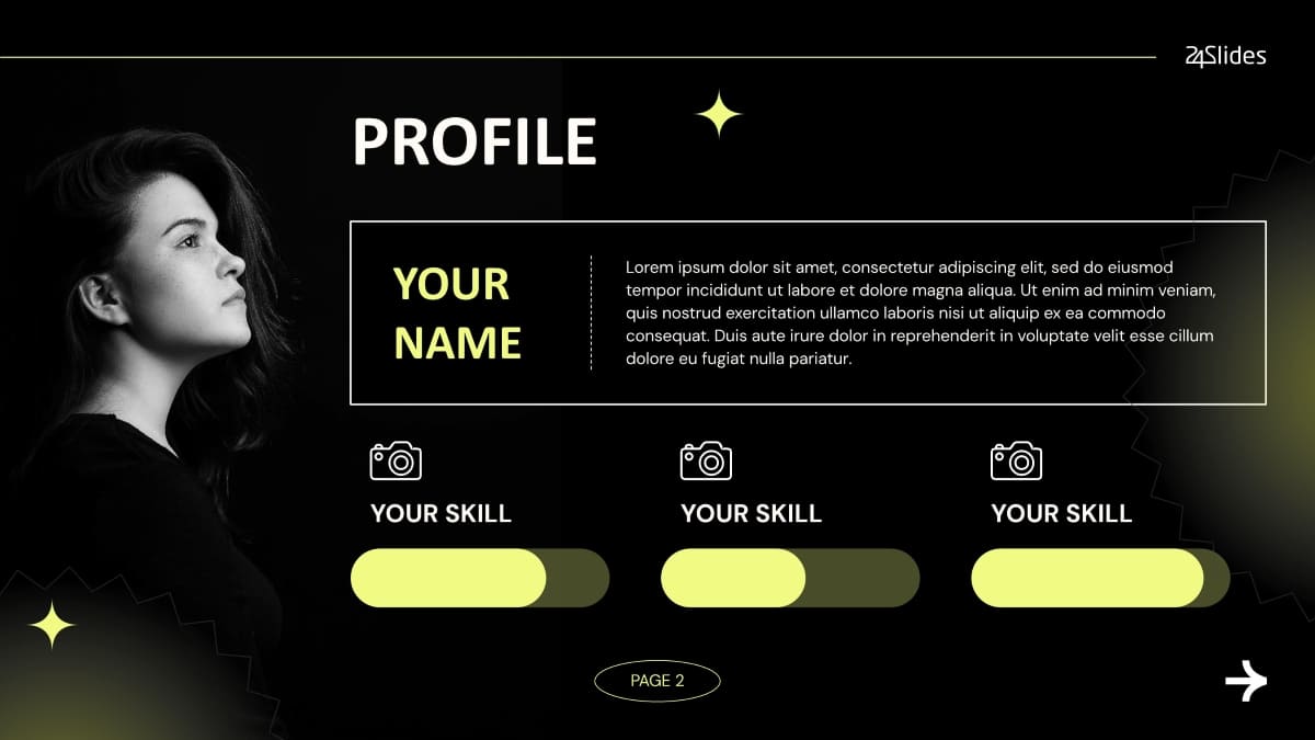 A dark mode photography portfolio PowerPoint template featuring a black-and-white profile photo, neon yellow skill bars, and camera icons for a bold PPT introduction slide.