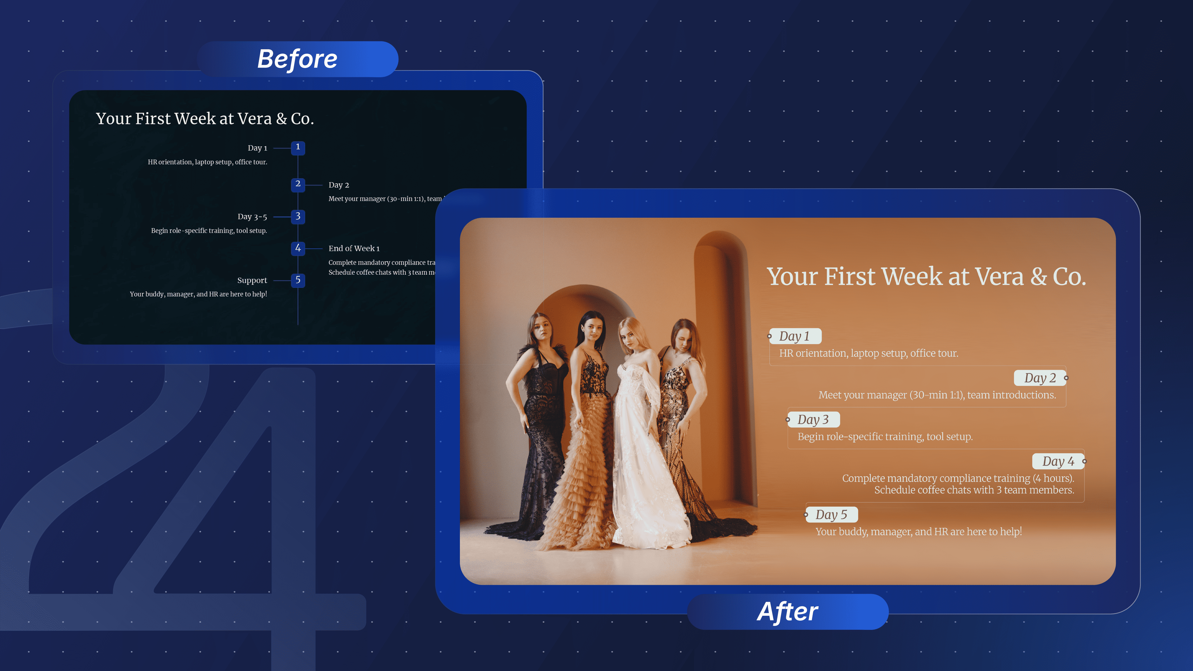 Before and after of a new hire onboarding slide. The AI generated a cold, generic corporate timeline, while the human designer created a warm, luxury fashion aesthetic with high-end photography.