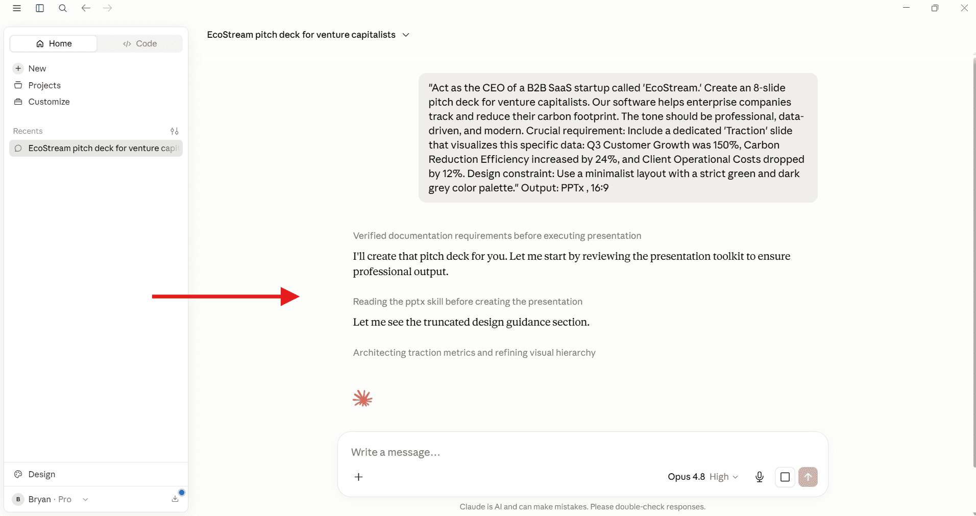 Claude AI general chat interface showing a highly detailed prompt to generate a 10-slide B2B presentation.