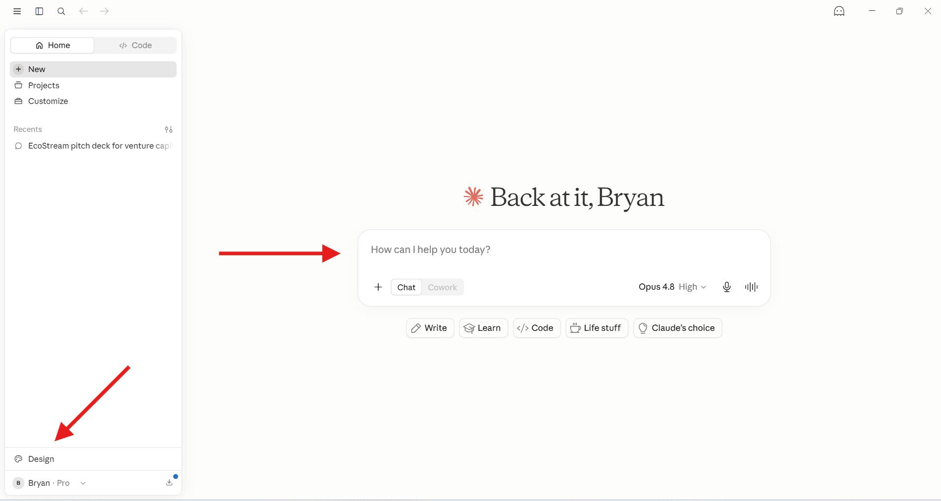Claude AI interface showing the general chat prompt box and a red arrow pointing to the dedicated "Design" tab on the bottom left.