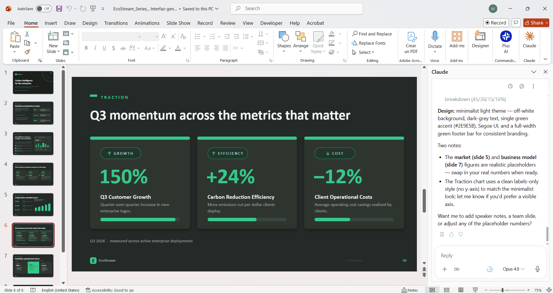 Native PowerPoint export of a Claude AI presentation showing a traction slide with three data columns for customer growth, efficiency, and operational costs.
