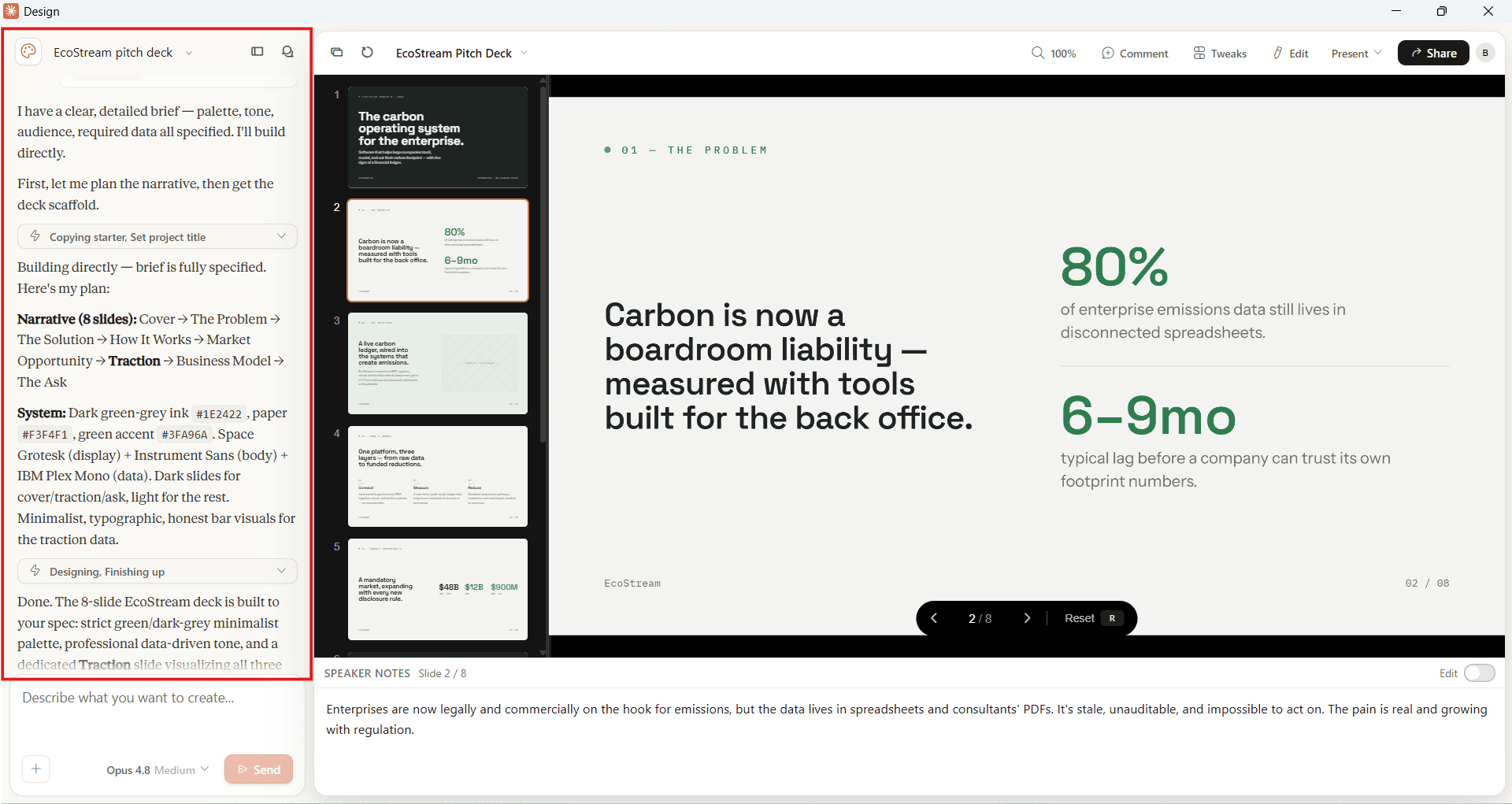 Claude Design interface generating a presentation, showing the AI's internal reasoning on the left and a minimalist slide about carbon emissions on the right.