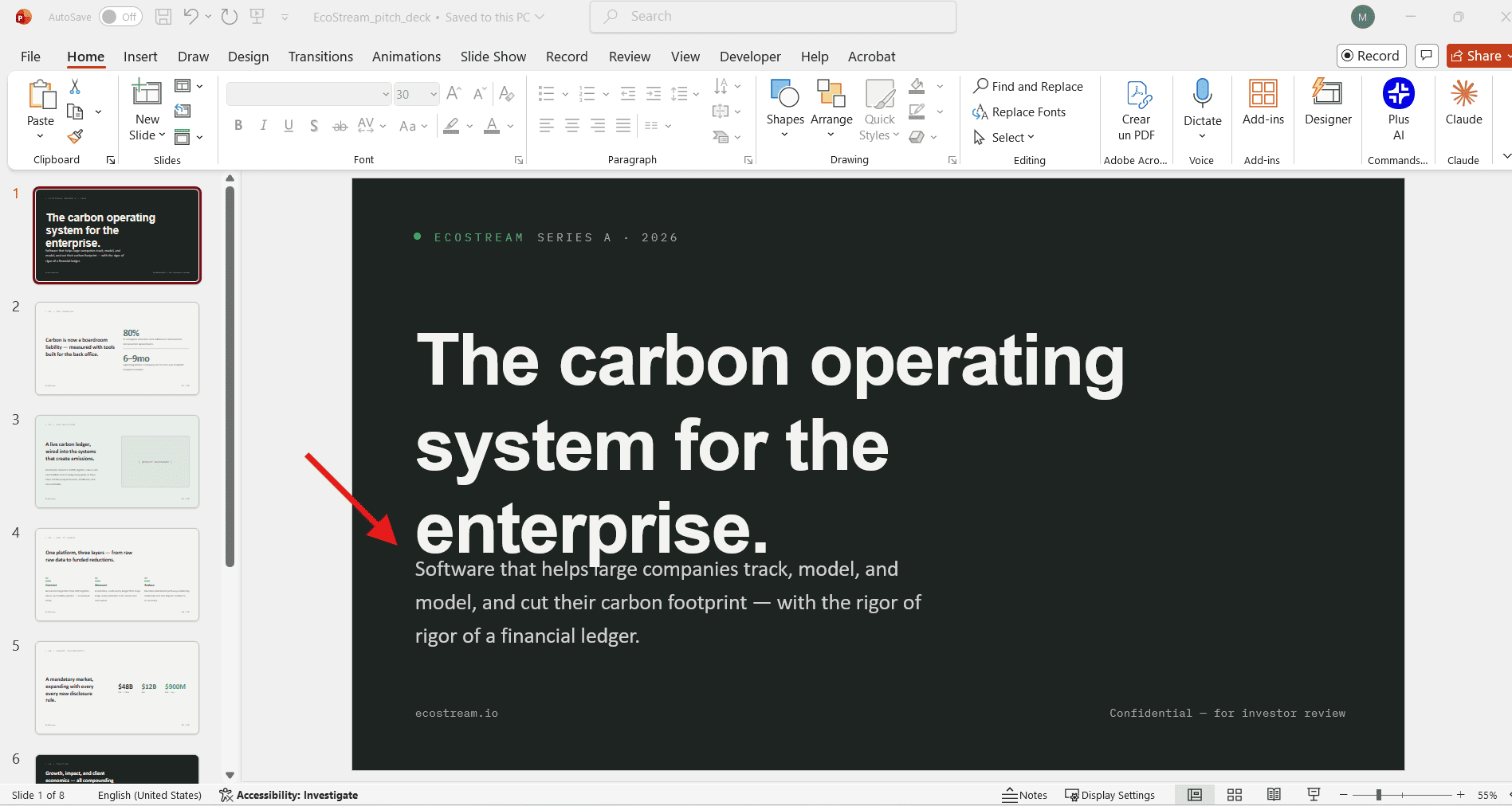 Microsoft PowerPoint interface showing a slide exported from Claude's Design Tab, with a red arrow pointing to an overlap between the headline and subtitle text.