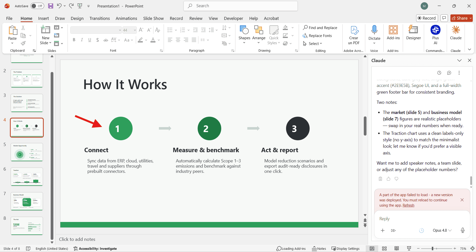 A cleanly formatted presentation slide featuring green data charts, generated directly inside PowerPoint using the Claude Add-in.