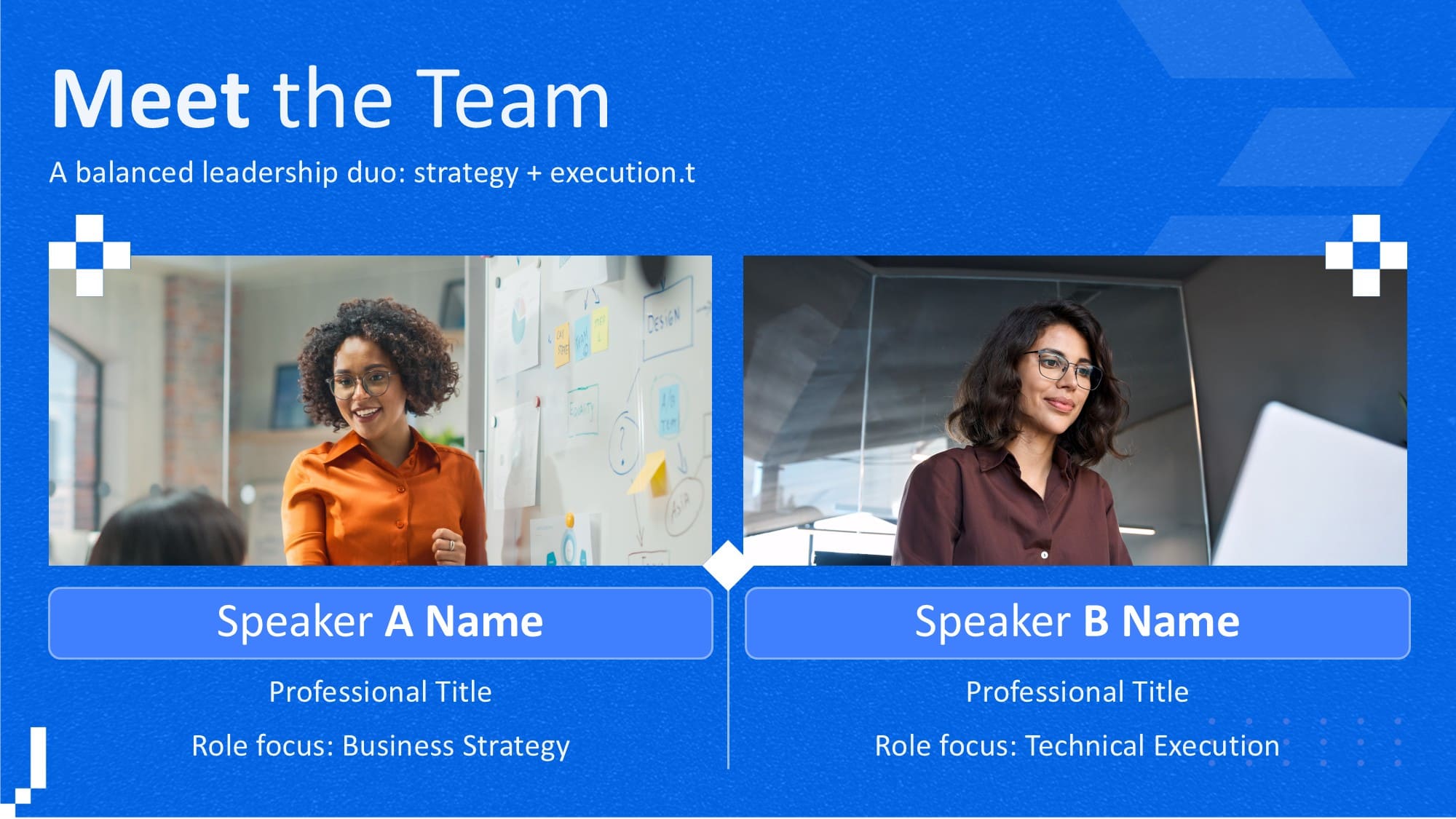 A balanced co-presenter two bios PowerPoint slide featuring a split-screen layout to introduce two speakers side-by-side.