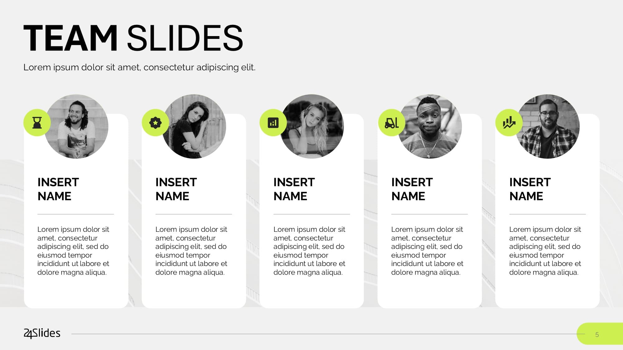A team overview presentation slide displaying five team member profiles in an engaging staggered horizontal layout with lime green accents.